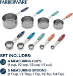 Farberware Stainless Steel Measuring Cups and Spoons Set - Retro Rainbow Design with Soft Grip Handles, Nested Storage Ring Included, Essential Kitchen Gadgets for Baking and Cooking, 9 Piece