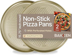 Bakken 16 Inch Non-Stick Pizza Pan 2 Pack, Round Carbon Steel Pizza Tray with Perforated Holes, PFOA, PFOS, & PTFE-Free, Dishwasher & Oven Safe Up To 450°F, Durable Nonstick Coating, Gold