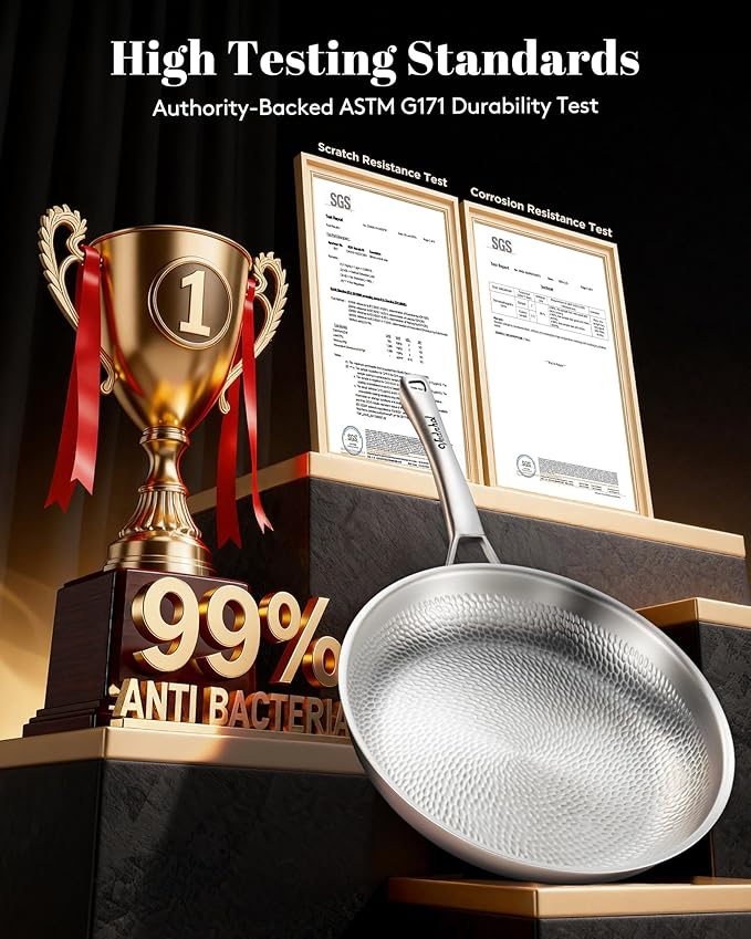 Titanium Pan, 12 Inch Pure Titanium Hammered Pro frying pan with Lid, Non-Toxic Skillet for Cooking, PFAS/PFOA/PTFE Free Cookware, Dishwasher&Oven Safe, Kitchen Induction Compatible