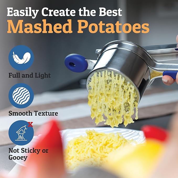 PriorityChef Large 15oz Potato Ricer, Heavy Duty Stainless Steel Potato Masher and Ricer Kitchen Tool, Press and Mash Kitchen Gadget For Perfect Mashed Potatoes - Everytime, Blue