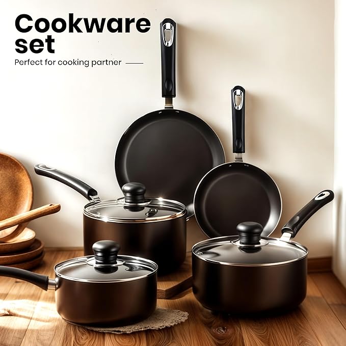 KICHLY 8 Piece Pots and Pans Set, Non Stick Kitchen Cookware Set with 20cm & 28cm Frying Pans and 16cm, 18cm, 20cm Saucepans with Lids, Induction Compatible Pots and Pans Set Non Stick, Black