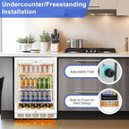 24 Inch Beverage Refrigerator with Glass Door, Undercounter Beverage Fridge 200 Cans Large Capacity, Beverage Cooler for Beer Soda with Reversible Door, Temperature Control, Safety Lock, White