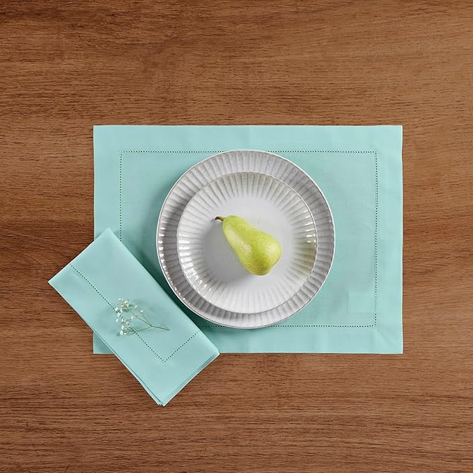 Solino Home Cotton Linen Napkins Set of 4 - Hemstitch Pastel Turquoise Dinner Napkins Cloth 20 x 20 Inch - Handcrafted and Machine Washable