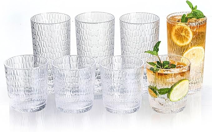 15oz and 22oz Clear Acrylic Glasses Drinkware (Set of 8), Honeycomb Stackable Shatter-Proof Plastic Tumblers, Reusable Plastic Drinking Glasses, BPA-Free, Dishwasher-Safe