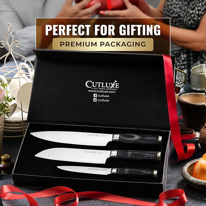 Cutluxe 3-Piece Chef Knife Set – Ultra Sharp Japanese Kitchen Knives, High Carbon Stainless Steel Blades, Full Tang Pakkawood Handles – Shinobi Series