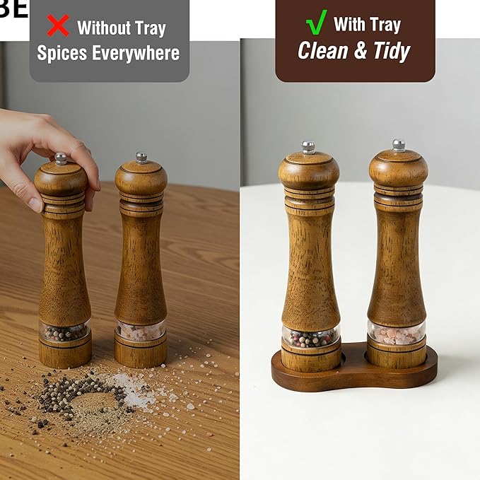Wooden Salt and Pepper Grinder Set, Premium Oak Wood Salt Grinders Shakers, Pepper Mill with Acrylic Clear Window, Adjustable Ceramic Grinder (8″ - 2 Packs with Tray)