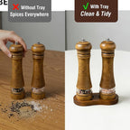 Wooden Salt and Pepper Grinder Set, Premium Oak Wood Salt Grinders Shakers, Pepper Mill with Acrylic Clear Window, Adjustable Ceramic Grinder (8″ - 2 Packs with Tray)