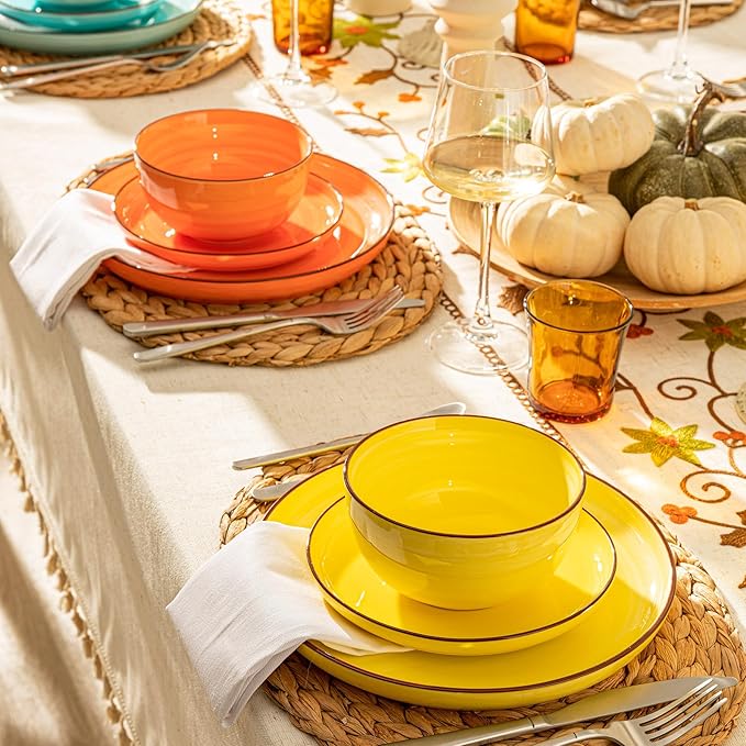 Sweese Plates and Bowls Sets, 18 Piece Dinnerware Set Porcelain Round Dinner Set for 6, Scratch Resistant Dishes Set, Dishwasher Oven Microwave Safe Handpainted Swirl Dishware Sets, Assorted Colors