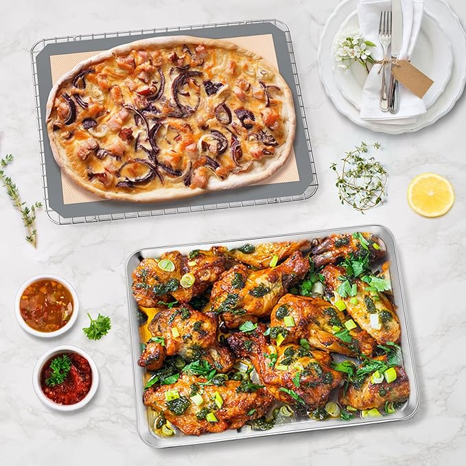 P&P CHEF 12.5 x 9.7 x 1 Inch Toaster Oven Pan with Grid Rack and Silicone Mat, Stainless Steel Toaster Oven Tray Baking Pan with Cooling Roasting Rack, Dishwasher Safe (3Pcs)