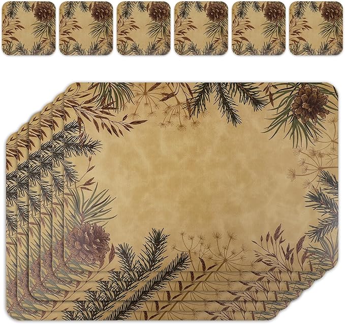 Le courant 16.9in 6PACK Winter Decoration Pinecone Placemats with 6 Coasters, Reversible Faux Leather Easy Clean Waterproof Stain Resistant Place Mats, for Home Party Dining Holiday Table Decor