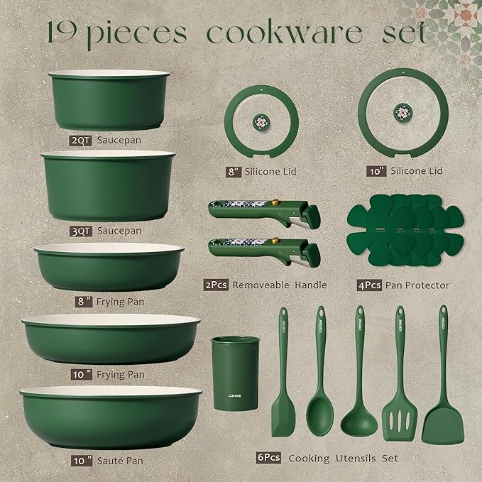 CAROTE 19Pcs Ceramic Cookware Set, Pots and Pans Set Non stick, Non Toxic Cookware Detachable Handle, Kitchen Cooking Set - Induction Cookware, Dishwasher/Oven Safe, PFAS Free, Green