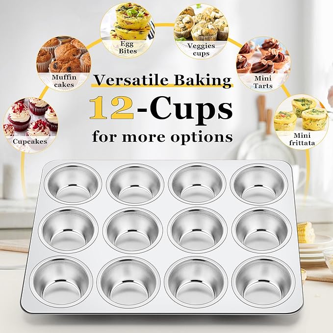 Homikit 3 Pack Muffin Pan, Stainless Steel Cupcake Tin with 12 Cups Regular Size, 13.8" x 10.4" Nonstick Metal Egg Bites Tray for Oven Baking, Non Toxic & Rust Free, Easy Release & Dishwasher Safe