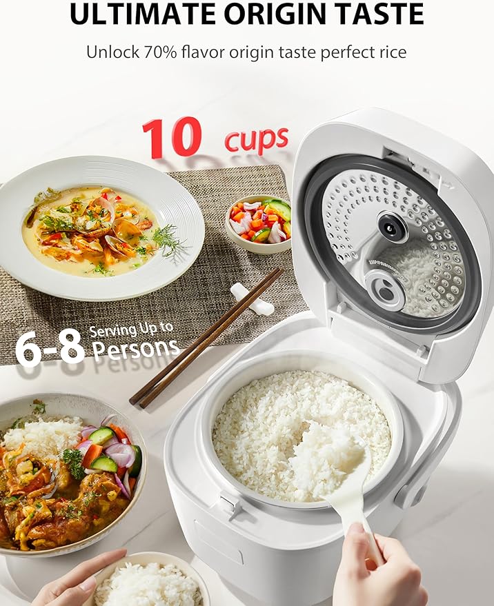 TOSHIBA OriginTaste Rice Cooker 10-Cup Uncooked, Fuzzy Logic, 15-in-1 Functions, Digital Display, Delay Timer, Keep Warm, Nonstick Inner Pot, White