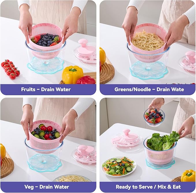 Good Grips 3.2 Qt Glass Salad Spinner Small Vegetable Dryer with Drain Microwave Safe Dishwasher Safe with Transparent Lid Crank Handle Quick Spin Greens Washer for Lettuce Herbs Fruits Pink