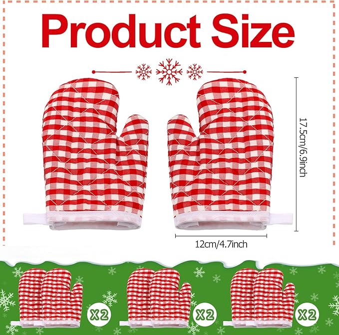 12 Pcs Kids Oven Mitts Toddler Oven Mitts Children Heat Resistant Kitchen Mitts Checkered Kitchen Oven Gloves Kids for Cooking Baking Microwave Child Play BBQ Grilling, Age 2-10(Red)
