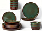 Pokini Plates and Bowls Sets for 6, Ceramic Dinnerware Sets, Kitchen Dish Set, Microwave & Dishwasher Safe Dishware, Highly Durable Reactive Glazed Dinner Set, Brown Green