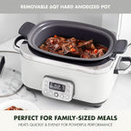 GreenPan Elite 14-in-1 Nonstick 6QT Electric Slow Cooker, PFAS-Free Ceramic Multi-Cooker, In-Pot Browning, Dishwasher Safe Lid & Removable Crock, Stainless Steel Steamer, Silicone Handles, White