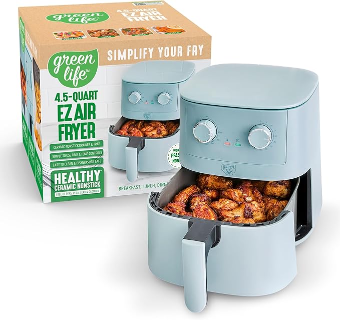 GreenLife 4.5QT Air Fryer, Mechanical Dial Controls, PFAS-Free Ceramic Nonstick Drawer, Adjustable Temp & Timer, LED Indicator, Oil-Less Cooking, Dishwasher Safe, Compact Family Size, Blue