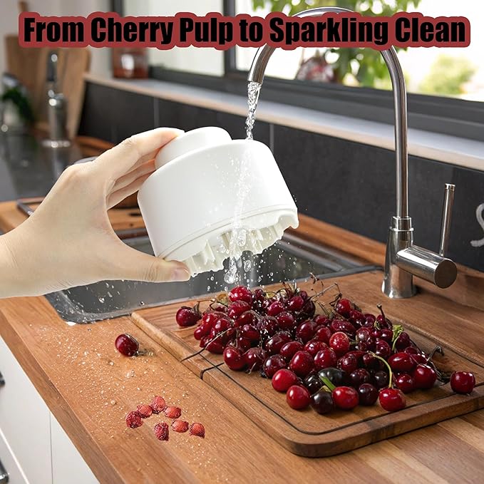 PCTC Cherry Pitter Tool - Pit Remover for Cherries, Multi-Functional Fruit & Vegetable Tool, Quick Release Remove 7 Cherry Pits at Once, Kitchen Gadget for Easy Prep (White)