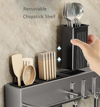 SEIDO Carbon Steel Utensil Rack – Space-Saving 16" L Kitchen Organizer with hooks & hanging bar, Gunmetal Gray Knife Holder, 2 Installation Options (Adhesive/Screwed)