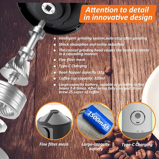 Portable Electric Coffee Grinder and Brewing Kit, Rechargeable, Conical Burr Coffee Grinder with Filter, 32g Capacity & 320 ml Coffee Cup for Camping, Travel, Office, Espresso, Pour Over, etc (White)