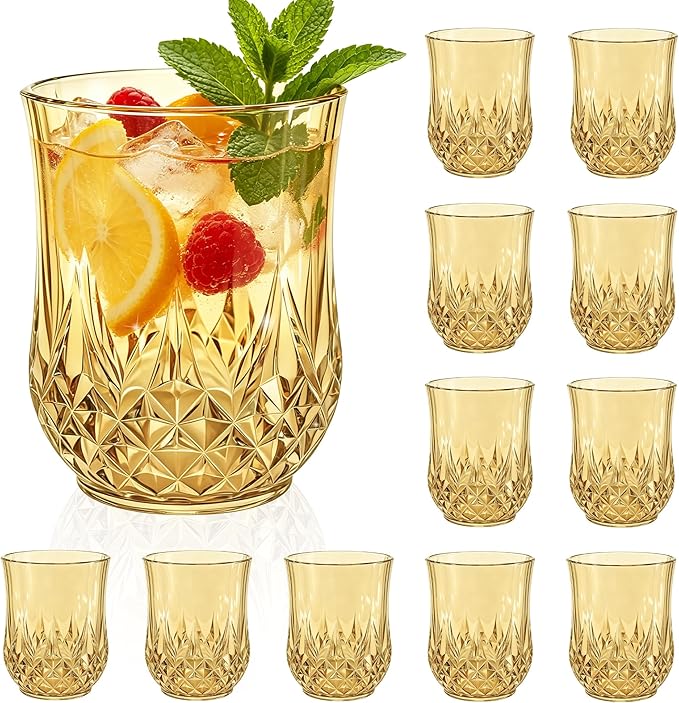 12 Pack Plastic Stemless Wine Glasses,12oz Unbreakable Vintage Elegant Drinking Glass Set,Reusable Fancy Cocktail Cups for Party, Wedding, and Bulk Events (12, 12oz-Gold)