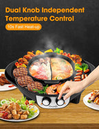 2 in 1 Hot Pot with Grill, Electric Korean BBQ Grill, Independent Dual Temperature Control & Non-stick Pan, Multi-function Smokeless Barbecue Grill for Family and Friends Gathering