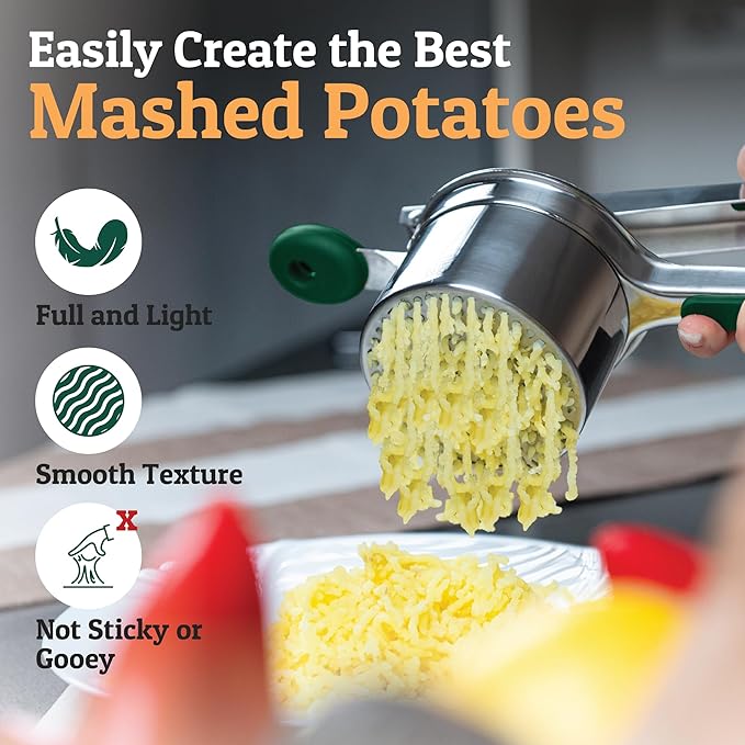 PriorityChef Large 15oz Potato Ricer, Heavy Duty Stainless Steel Potato Masher and Ricer Kitchen Tool, Press and Mash Kitchen Gadget For Perfect Mashed Potatoes - Everytime, Green