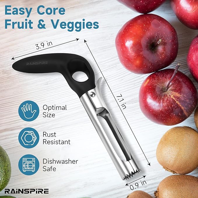 Upgraded Handle Premium Apple Corer Tool, Ultra Sharp, 304 Stainless Steel, Dishwasher Safe, Serrated Blades for Easy Coring, Black