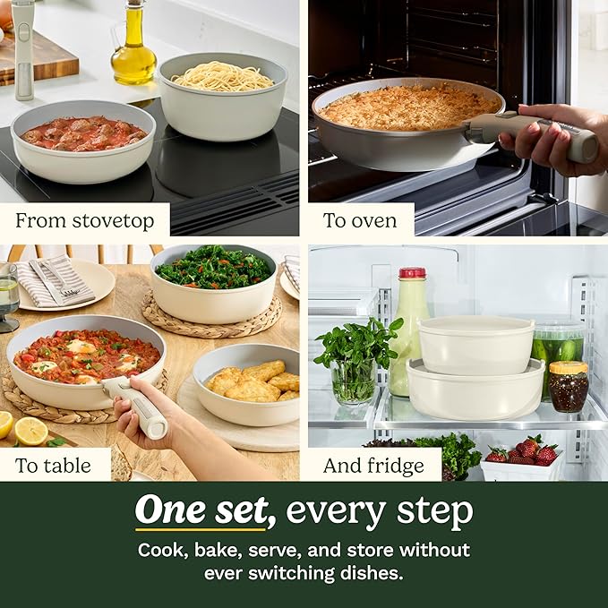 Cuisinart 13-Pc ClickSmart Nonstick Detachable Handle Ceramic Cookware, Pots and Pans Set, Stackable Space-Saving Design, Compatible with All Stovetops, Induction & Oven Safe, PURELYCERAMIC