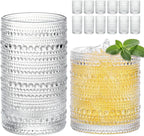 Moretoes Hobnail Drinking Glasses Set of 12, Vintage 15 Oz Highball Glasses & 10 Oz Cocktail Glasses, Clear Embossed Boho Glass Cups Kitchen Bar Tumbler Glassware Set for Whiskey, Beer, Juice, Milk