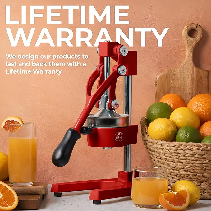Zulay Kitchen Cast Iron Juicer - Easy-to-Clean Heavy-Duty Manual Juicer, Professional Citrus Juicer - Stainless Steel Lemon Squeezer - Manual Citrus Press & Orange Squeezer - Orange Juicer - Deep Red