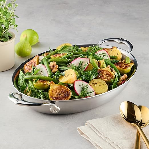 Hestan Provisions Oval Au Gratin Baking Dish, 2 Quart Clad Stainless Steel, 12.5 x 9 Inch - Oven Safe 600F, Kitchen to Table Serving, Designed with Thomas Keller