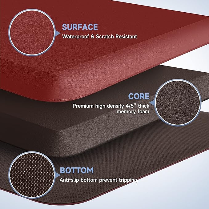 4/5 Inch Thick Kitchen Mats for Floor, StepRite Kitchen Rug for Standing Desk, Non-Slip, Thicker, Stain & Water Resistant, Comfort Anti Fatigue Floor Mat for Home, Kitchen, Office - Red,70 * 24''