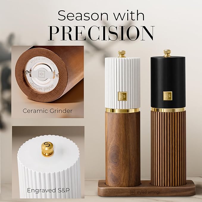 Wooden Salt and Pepper Grinder Set – Refillable Manual Salt and Pepper Mills with Adjustable Ceramic Burrs, Gold Detailing, and Wood Stand – White, Black and Acacia