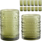 ZMOWIPDL Vintage Glassware Drinking Glasses Set of 12,Green 12oz & 15oz Hobnail Glass Cups,Embossed Water Tumbler,for Beer,Cocktail,Whiskey,Juice and Various Mixed Drinks- 1 Cleaning Brush