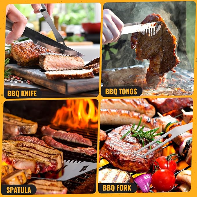 BBQ Grill Tools Set 16-inch Heavy Duty, 6 Pcs- Barbecue Utensils Kit for Camping, Kitchen, Outdoor Cooking,Suitable as a Gift for Men, Fathers, Friends
