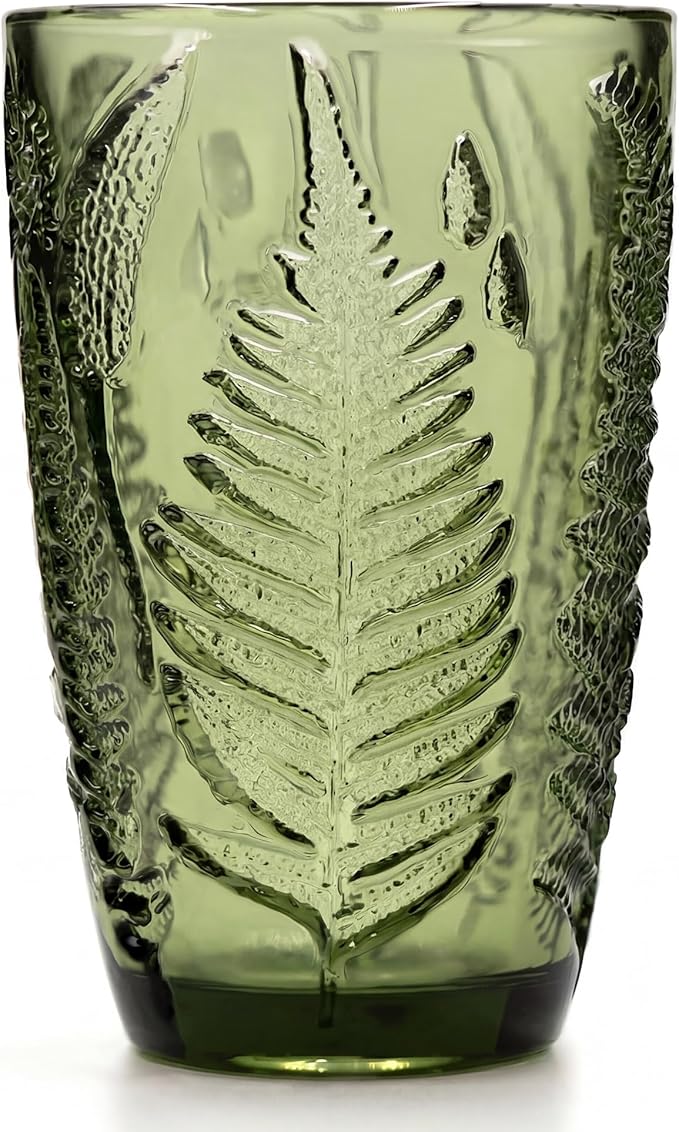 Vintage Green Drinking Glass, 12 oz Hand-Pressed Deep Textured Glass Cup, Fern Embossed Retro Glassware, Decorative Tumbler for Water, Cocktails & Juice, Boho Colored Kitchen Drinkware, Unique Gift