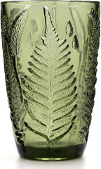 Vintage Green Drinking Glass, 12 oz Hand-Pressed Deep Textured Glass Cup, Fern Embossed Retro Glassware, Decorative Tumbler for Water, Cocktails & Juice, Boho Colored Kitchen Drinkware, Unique Gift
