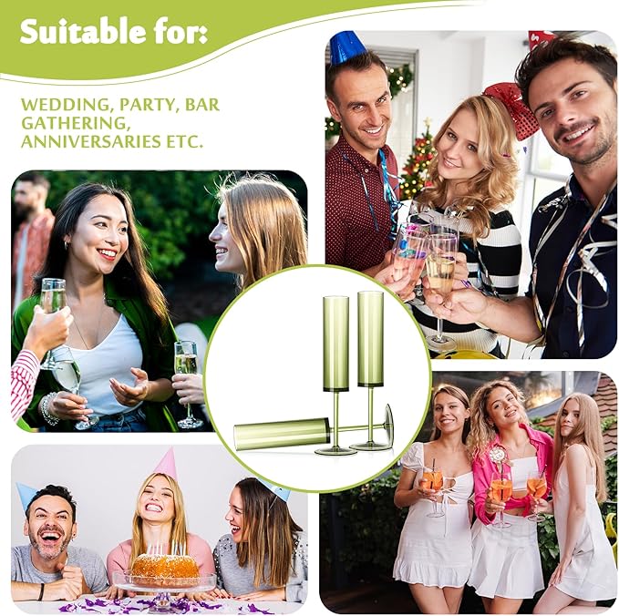 24 PCS Green Champagne Flutes Plastic 5.4OZ Clear Acrylic Champagne Glasses Long Stem Champagne Flutes Sparkling Wine Glasses Sage Green Champagne Glasses FOR Wedding Cocktail Cups Cava Prosecco