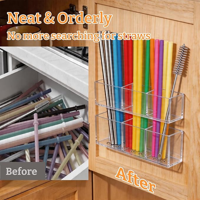 2 PACK Small Acrylic Straw Holder for Cabinet Doors, Reusable Adjustable Two-Part Straw Organizer with Ultra Sticky Adhesive Strips, 2026 Space-Saving Straw Storage for Kitchen Cupboard