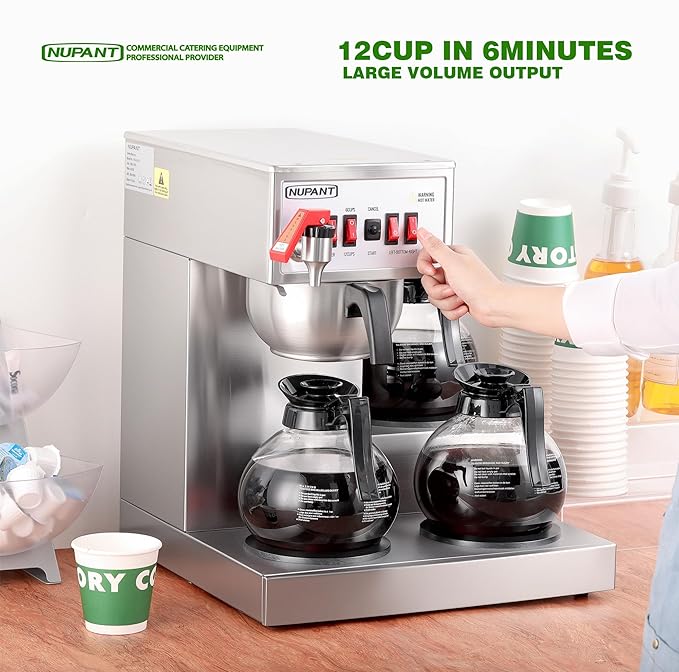 12 Cup Commercial Coffee Maker, Auto Filling Drip Coffee Maker Machine with 3 Glass Carafes 3 Warmers, Stainless Steel Pour Over Coffee Brewer with Hot Water Supply for Restaurant Office Cafe