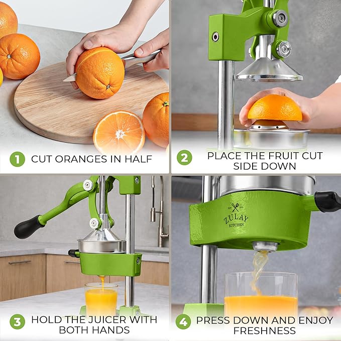 Zulay Kitchen Cast-Iron Orange Juice Squeezer - Heavy-Duty, Easy-to-Clean, Professional Citrus Juicer - Durable Stainless Steel Lemon Squeezer - Manual Citrus Press & Orange Squeezer (Light Green)