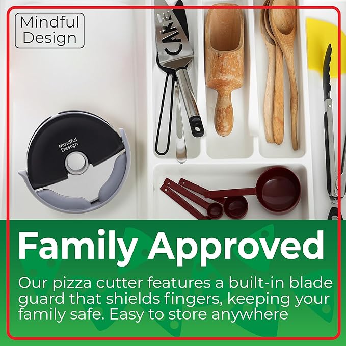 Mindful Design Pizza Cutter Wheel with Protective Blade Cover, Easy to Clean and Dishwasher Safe Handheld Pizza Slicer