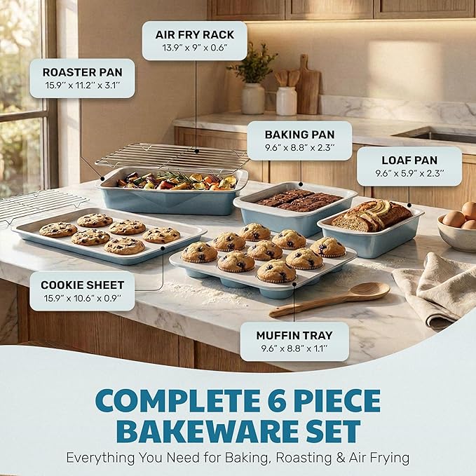 Gotham Steel 6 Pc Stackable Baking Pans Set, 70% Space Saving Design, Ceramic Bakeware Sets Non Toxic Made Without PFOA PFOS, with Baking Sheet Tray, Cake & Muffin Pans, Oven & Dishwasher Safe
