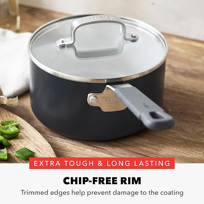 GreenPan x Bobby Flay 2.5QT Nonstick Saucepan with Glass Lid, PFAS-Free Diamond Ceramic, Induction Suitable, Stay-Cool Silicone Handle, Easy Clean Dishwasher & Oven Safe, Chef Pan, Graphite