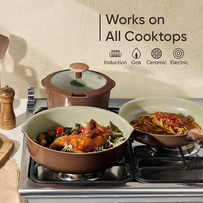 CAROTE Ceramic Cookware Set, Pots and Pans Set Non Stick with Detachable Handle, RV Kitchen Cooking Set, Induction & Oven Safe, PFAS and PFOA Free, Pistachio Green 19 Pcs
