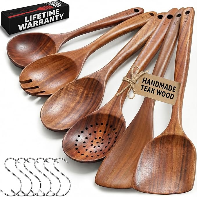 PriorityChef Wooden Spoons for Cooking, Premium 6pc Teak Wood Utensil Set with Hanging Hooks