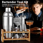 Cocktail Shaker Set Bartender Kit, Godmorn 15Pcs Bartender Shaker Set, 304 Stainless Steel Martini Shaker and Strainer, Bar Tool Set with Bamboo Stand, Recipe Book, for Home and Bar Party