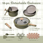 CAROTE 18 Pcs Ceramic Cookware Set Detachable Handle, Non Toxic Pots and Pans Set Non Stick, Induction Kitchen Cookware Removable Handles, Oven Safe, Stackable RV/Camping Cooking Set, Green